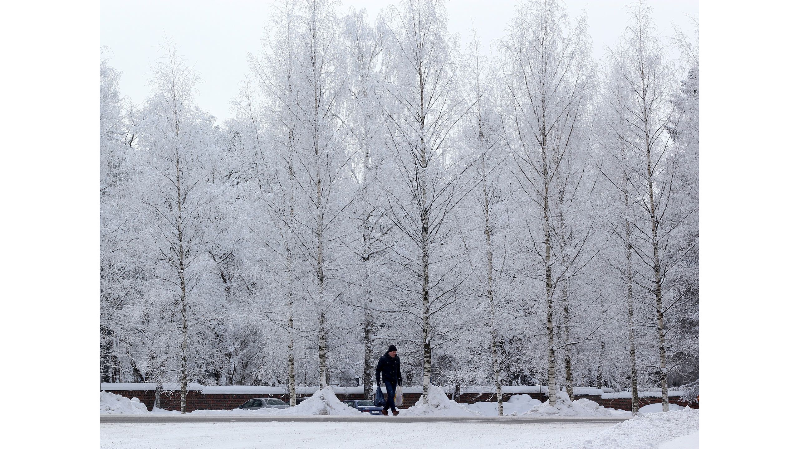 Kahta kauppakassia kantava mies ylittää tietä. Hänen takanaan näkyy lumisia puita.